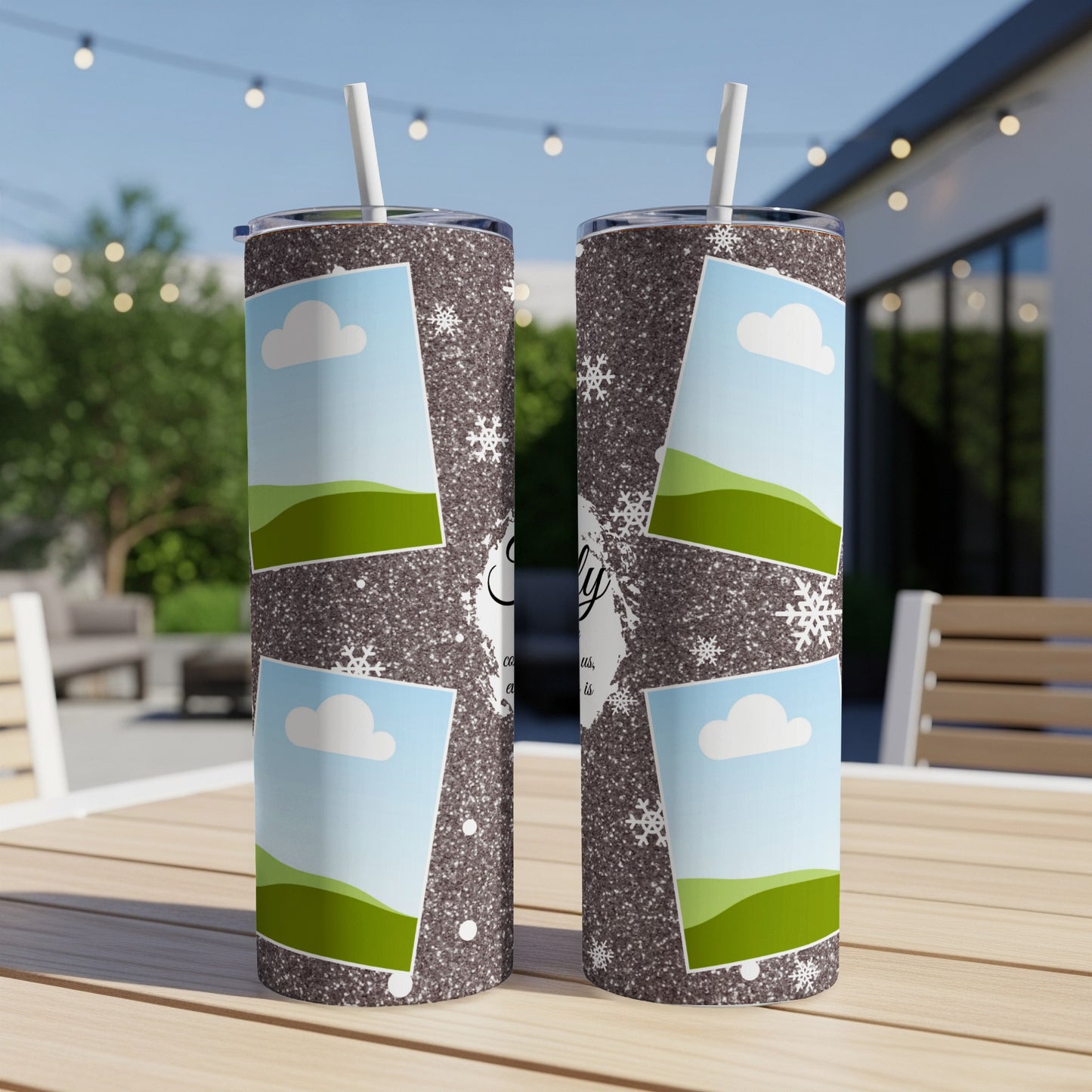 Two tumblers with a glittery background and winter-themed photo frames.