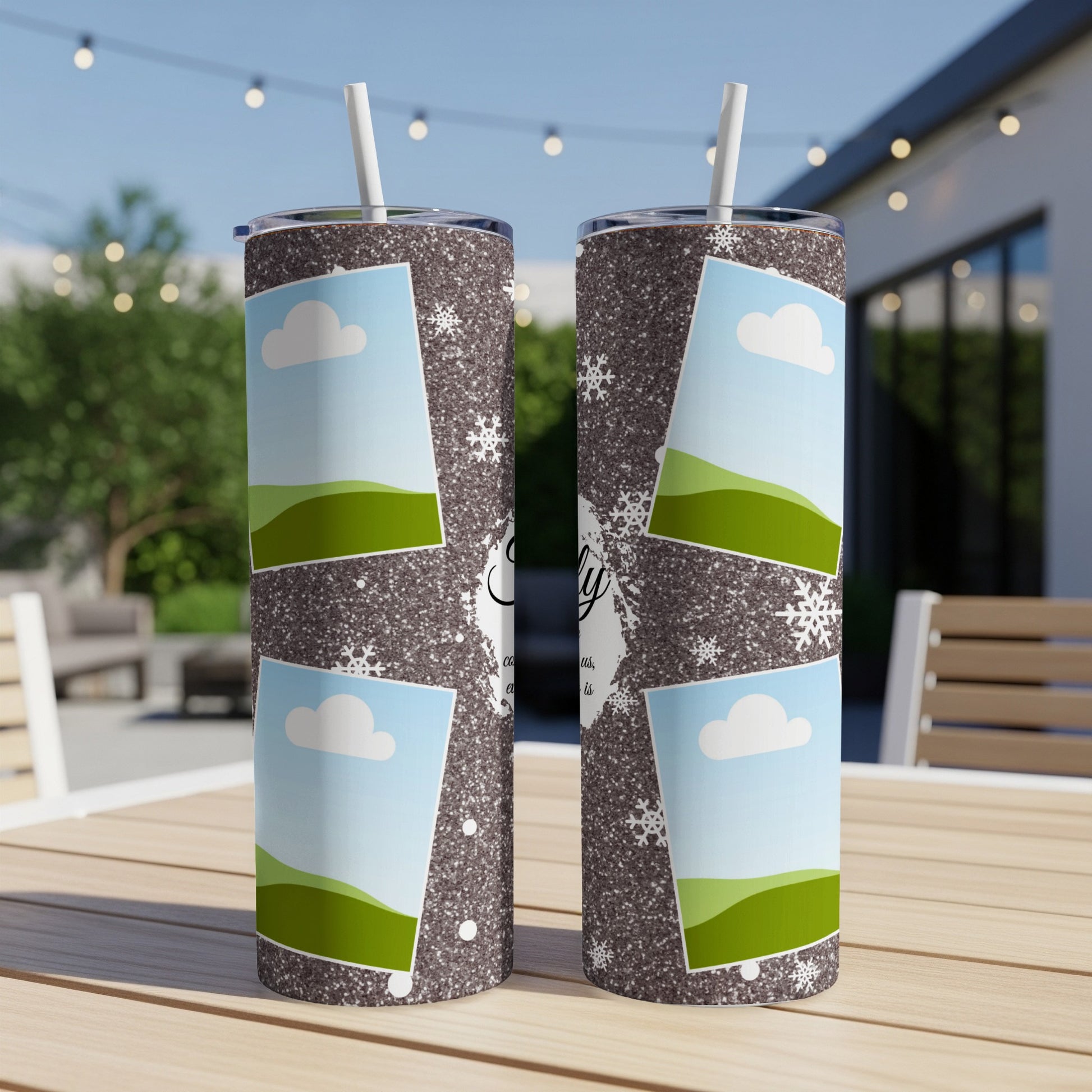 Two tumblers with a glittery background and winter-themed photo frames.