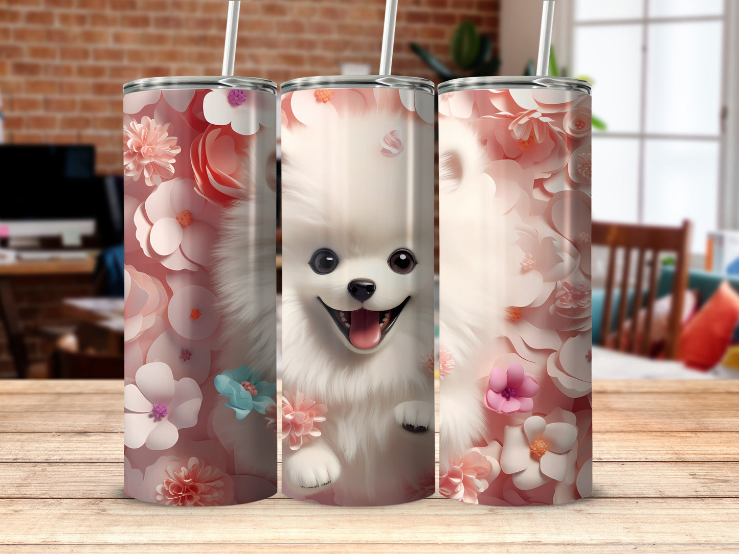 Happy Fluffy Dog Pink Flowers Pet Lover Tumbler product type