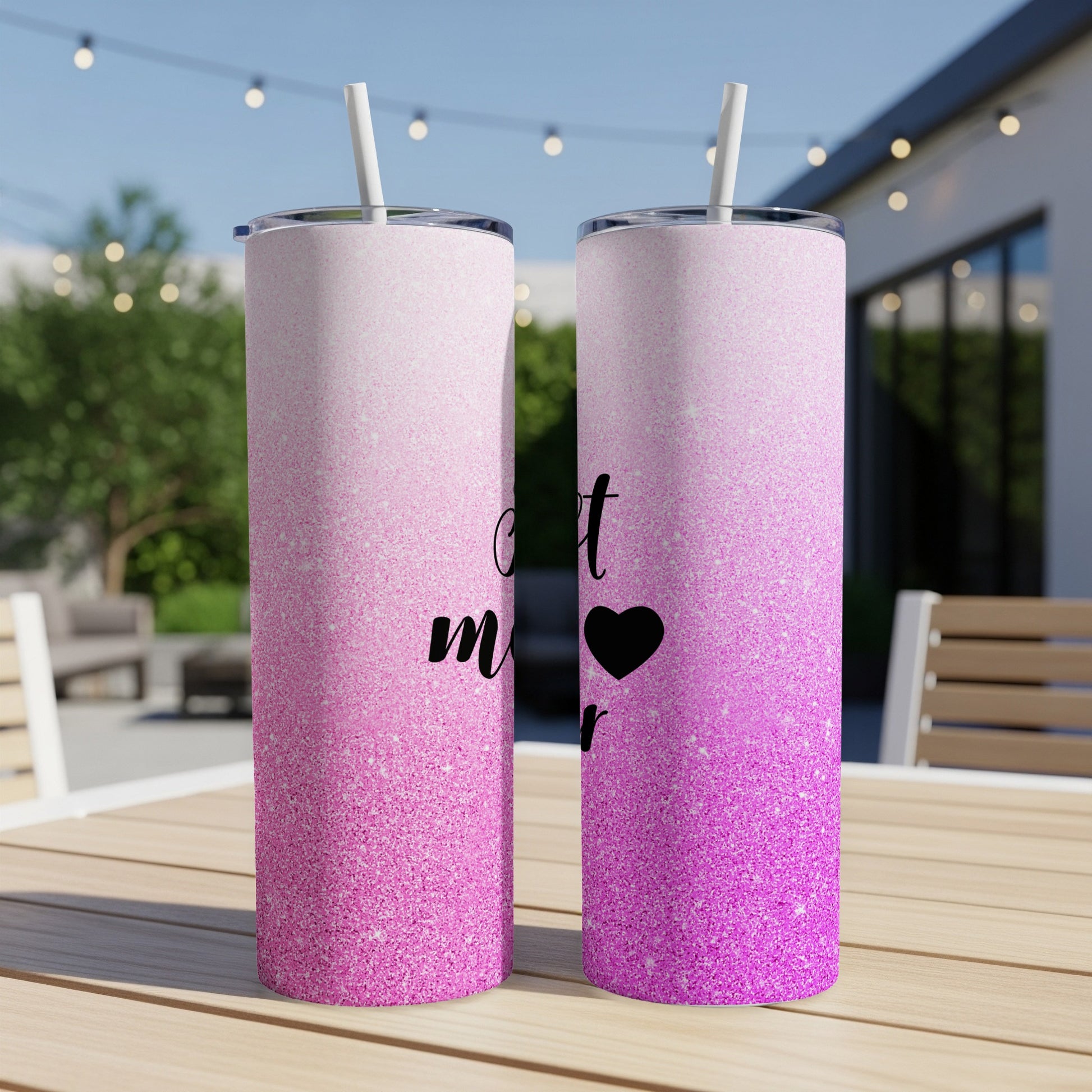 Pink glitter tumbler with "best m…" and heart design.