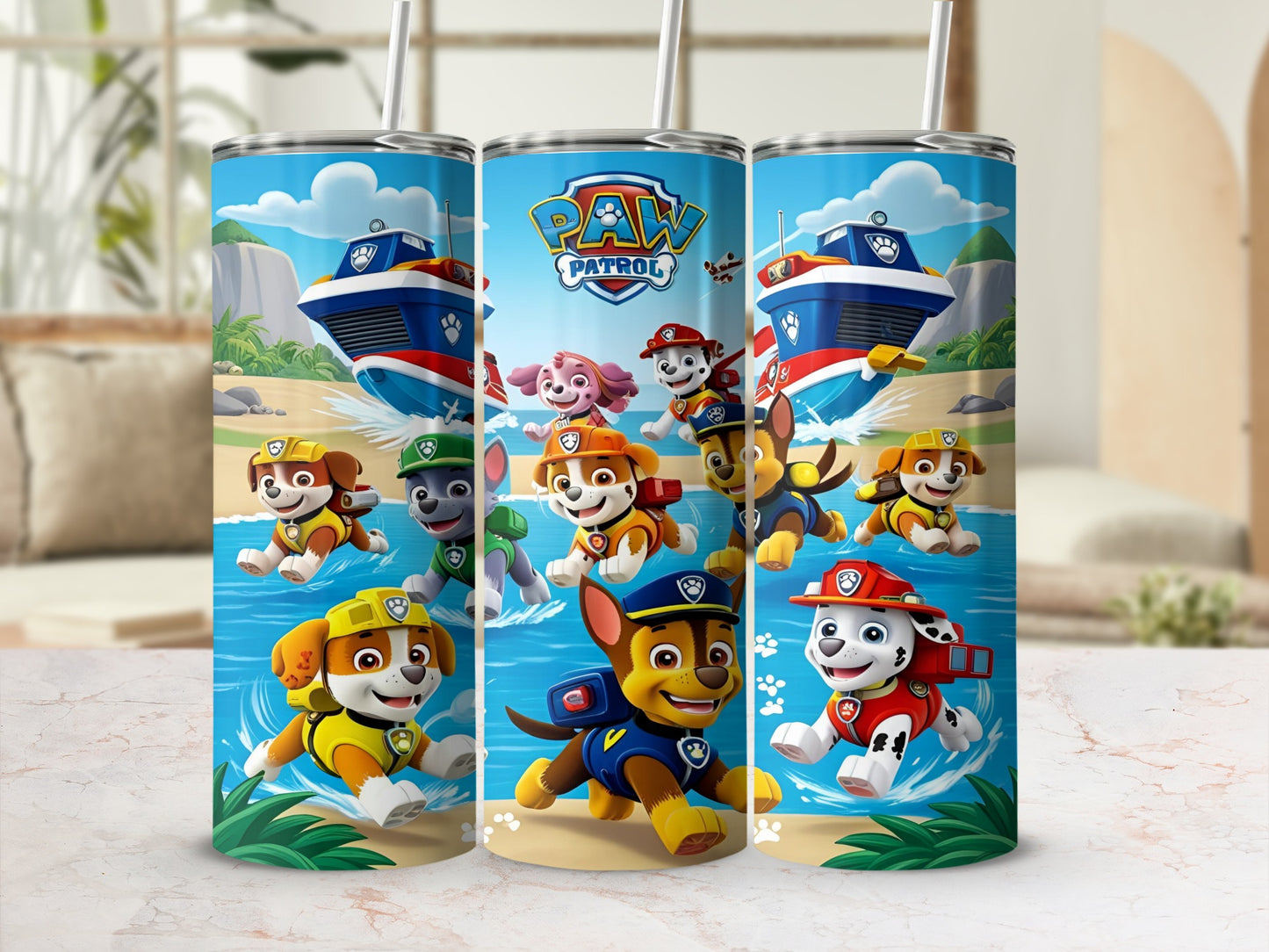 Paw Patrol characters on a blue tumbler with a boat and ocean scene.