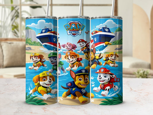 Paw Patrol characters on a blue tumbler with a boat and ocean scene.