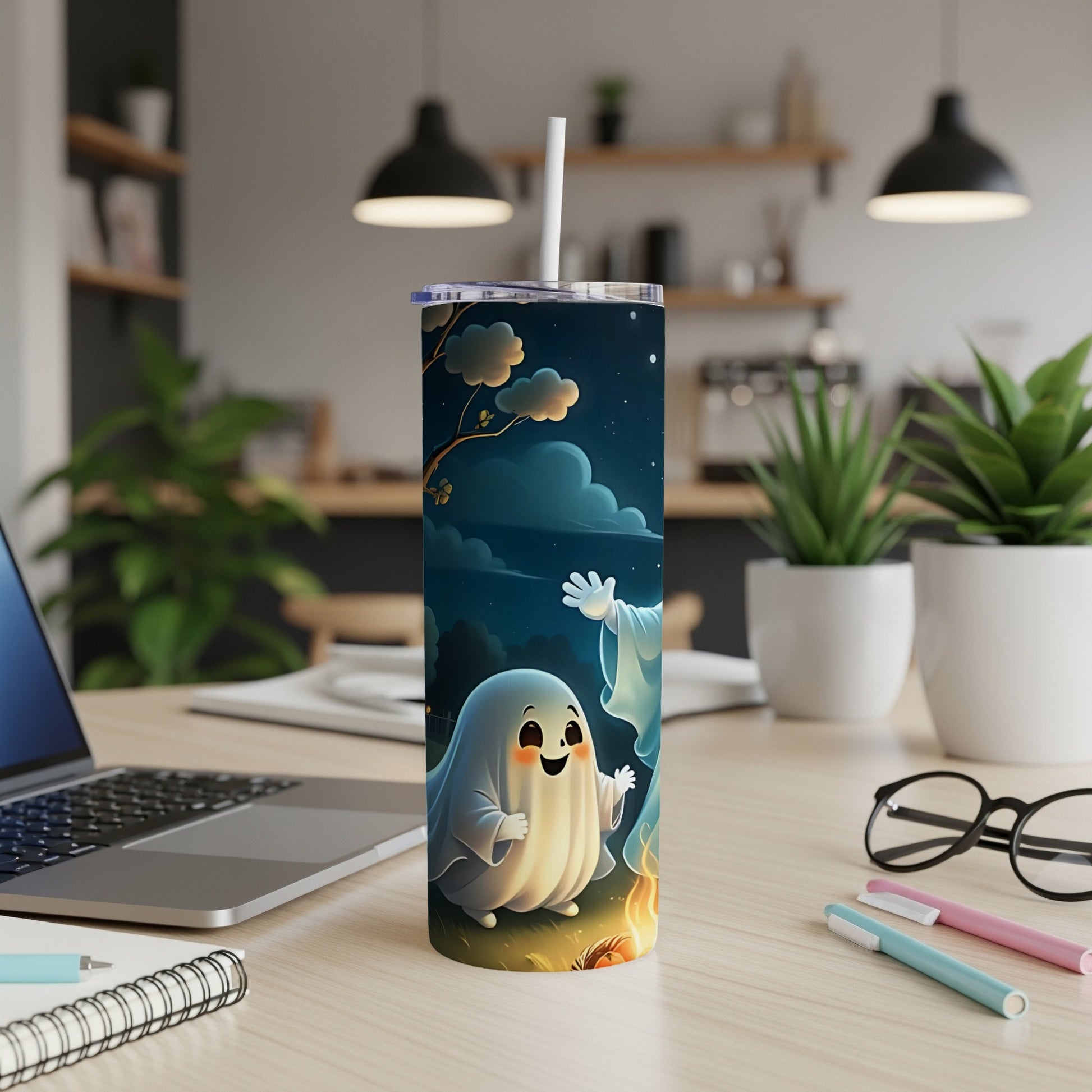 Tumbler with smiling ghosts and a campfire on a starry night background.