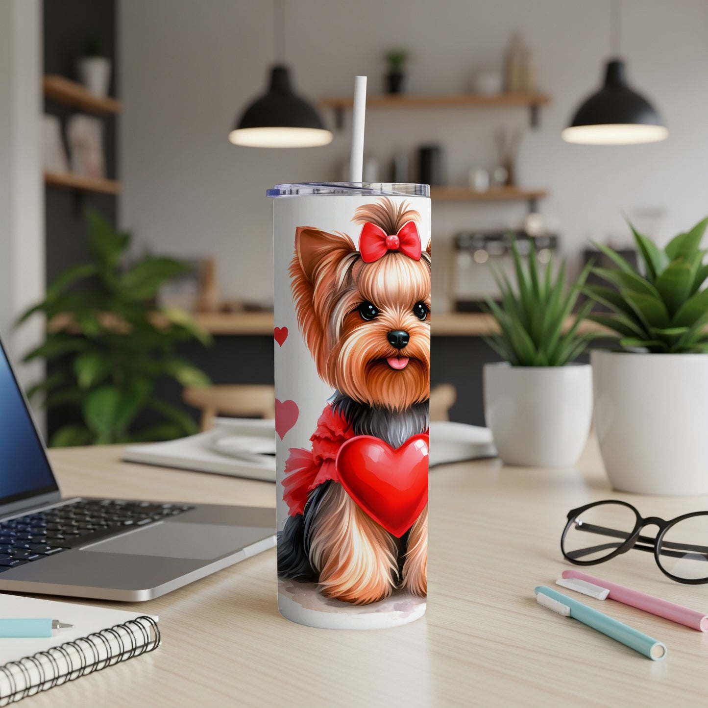 Yorkshire Terrier with red bow and heart on a Valentine's Day tumbler.