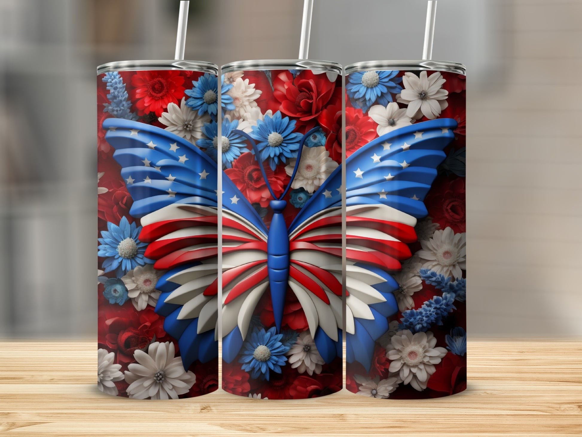 American flag butterfly with floral background on three tumblers.