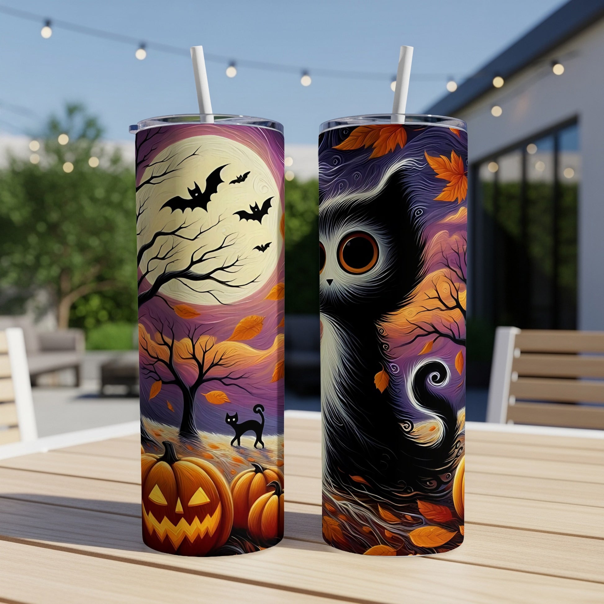 Two tumblers with Halloween designs: one with bats and pumpkins, the other with a black cat.