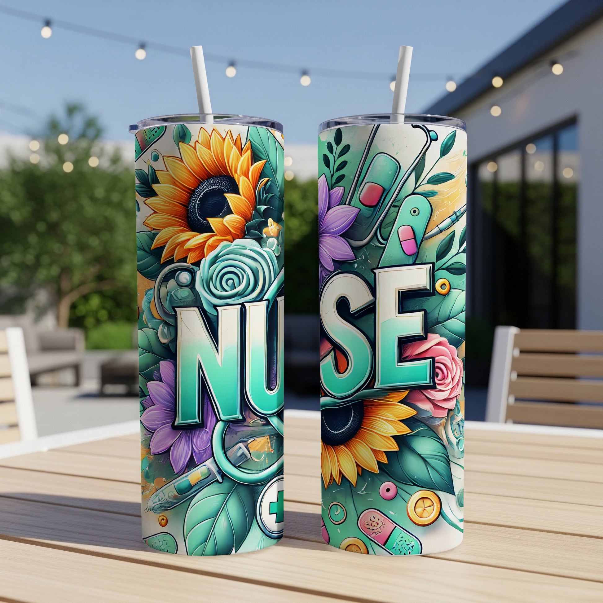 Two nurse-themed tumblers with floral and medical design elements.