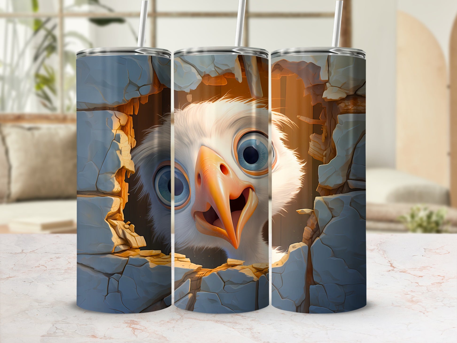 Curious Blue Eyed Bird Peeking Stone Wall Tumbler product type