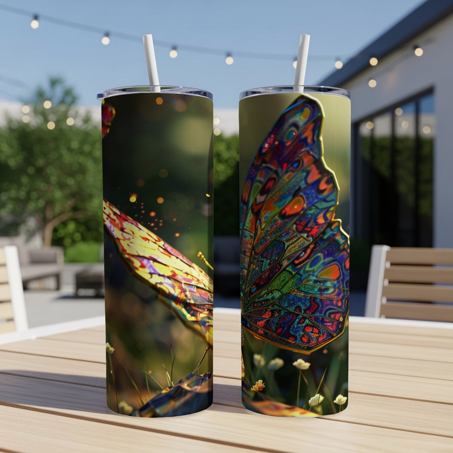 Two colorful, detailed butterfly tumblers on a wooden table outdoors.
