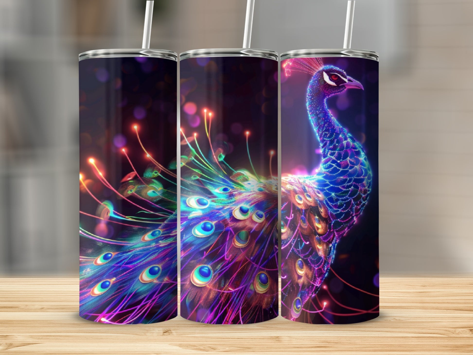 Glow-in-the-dark peacock design on three tumblers.