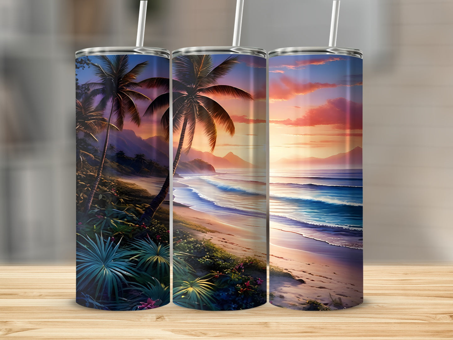 Tropical beach sunset with palm trees on three tumblers.