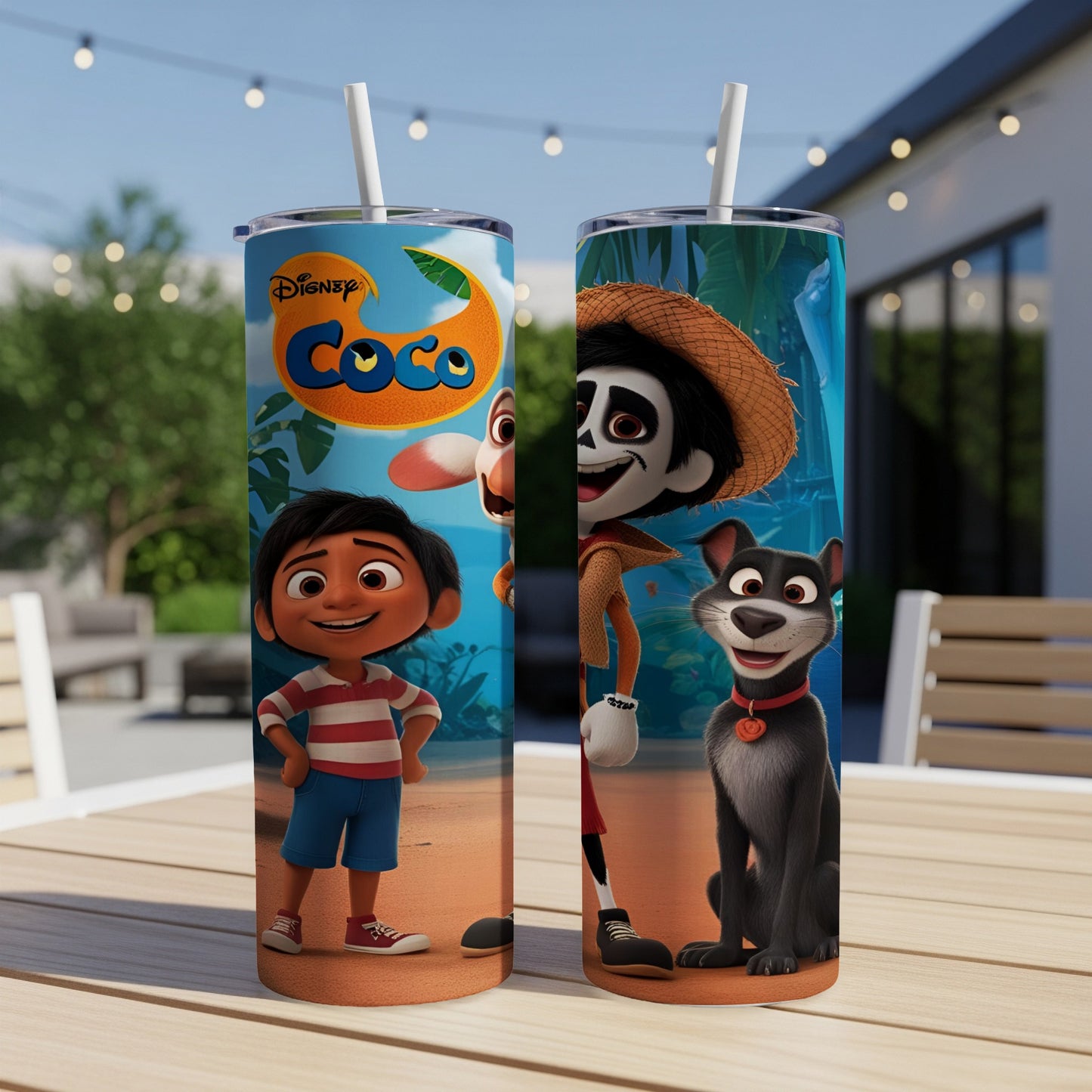 Disney Coco characters Miguel, Hector, and Dante on a blue background.