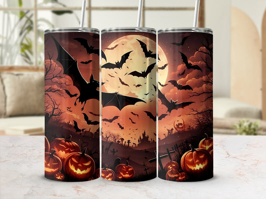 Three tumblers featuring a spooky Halloween scene with bats, pumpkins, and a haunted castle.