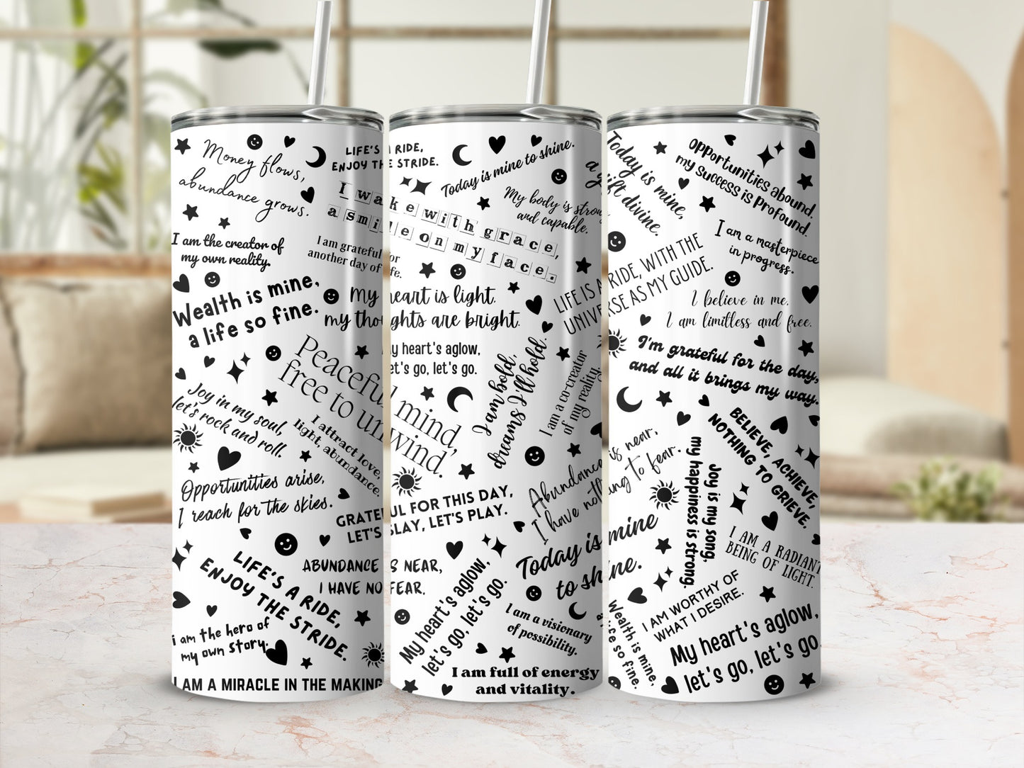 Inspirational quote tumbler with motivational affirmations and positive life messages.