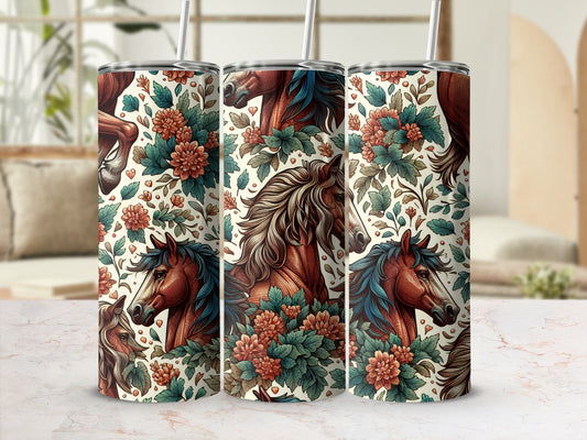 Floral pattern with horse illustrations and straws on a marble surface.