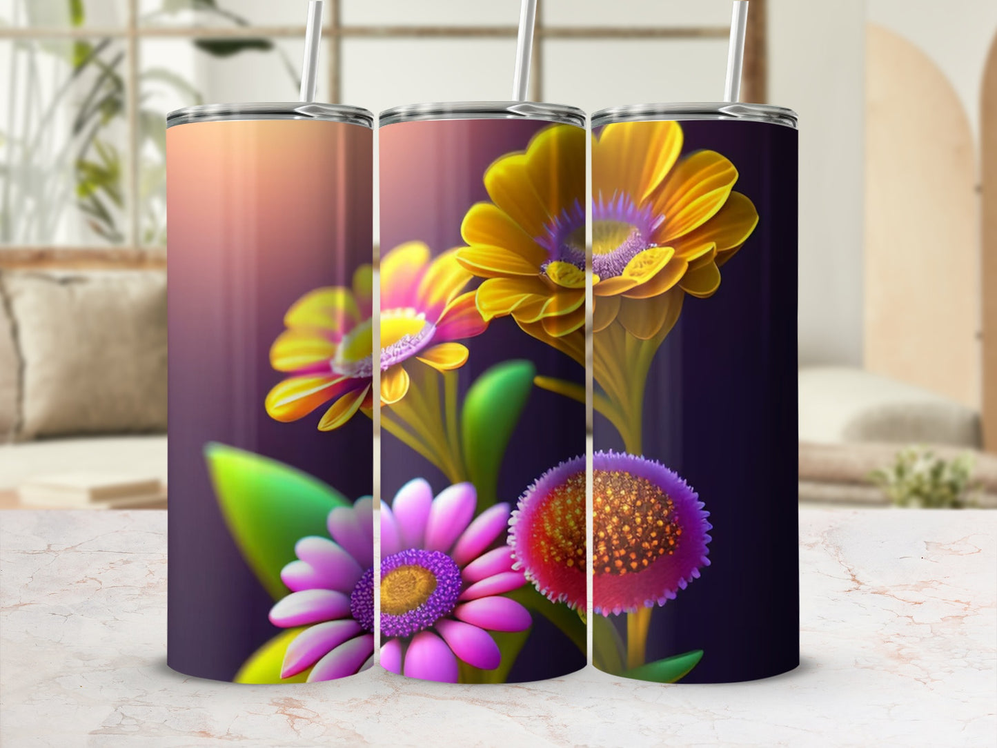 Colorful Floral Design Tumbler with Straw Accessory