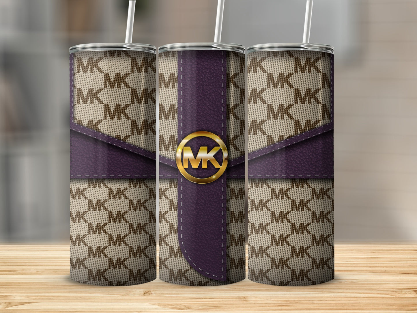 Stylish Purple and Beige MK Logo Stainless Steel Tumbler