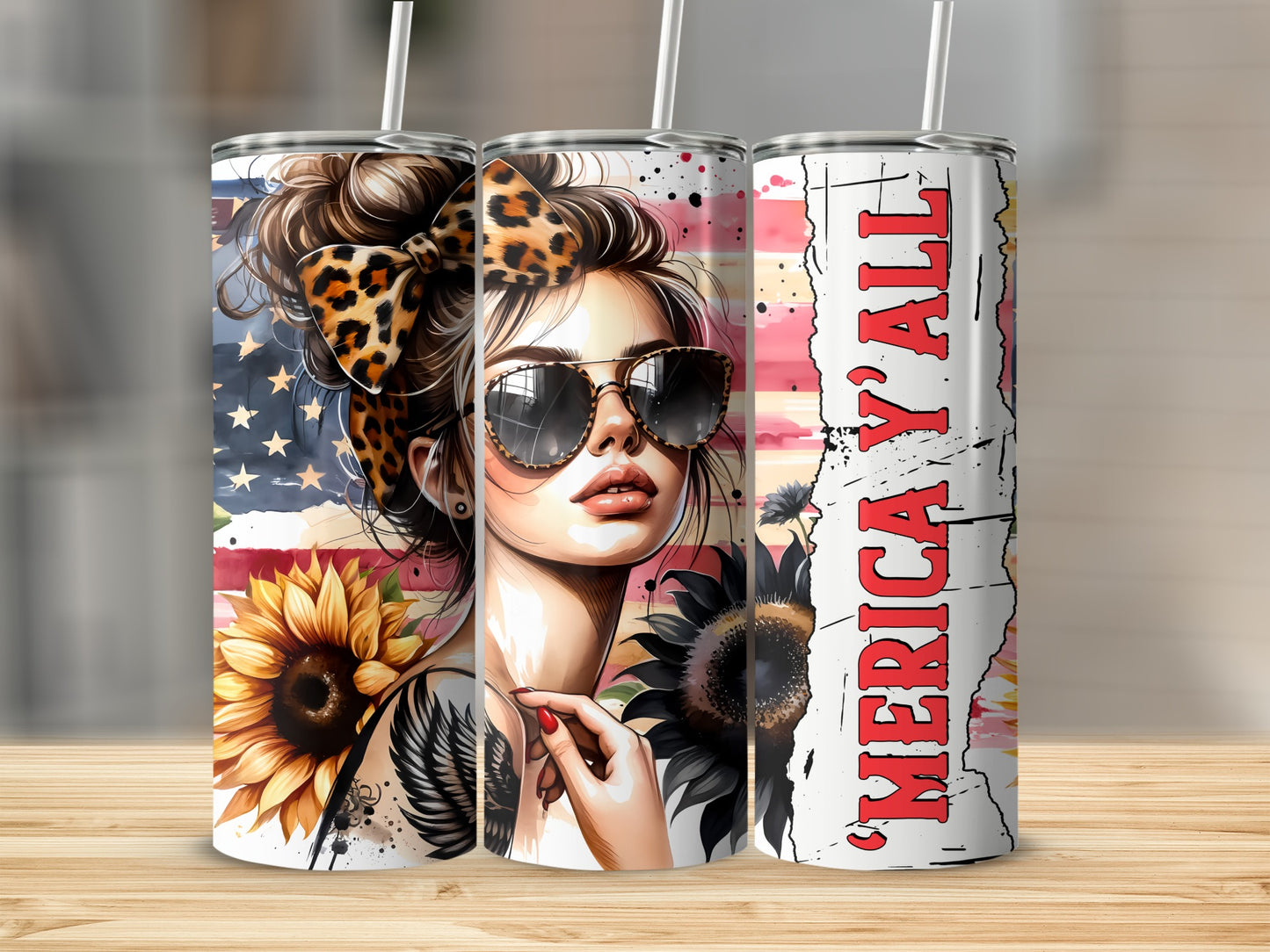 Woman with sunflowers and American flag on tumbler.