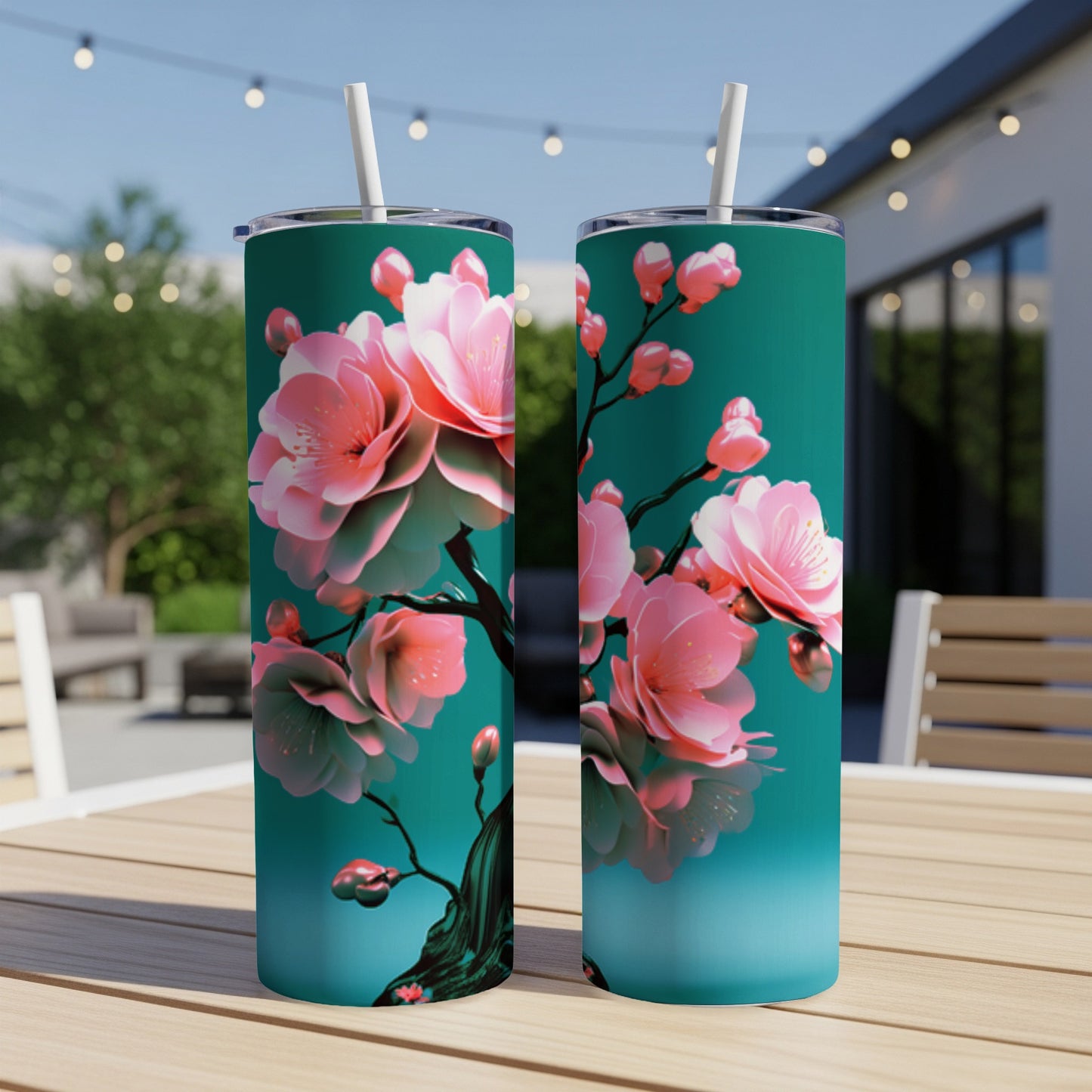 Two teal tumblers with pink cherry blossoms on a table.
