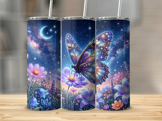 Tumbler with a butterfly and starry night sky over flowers.