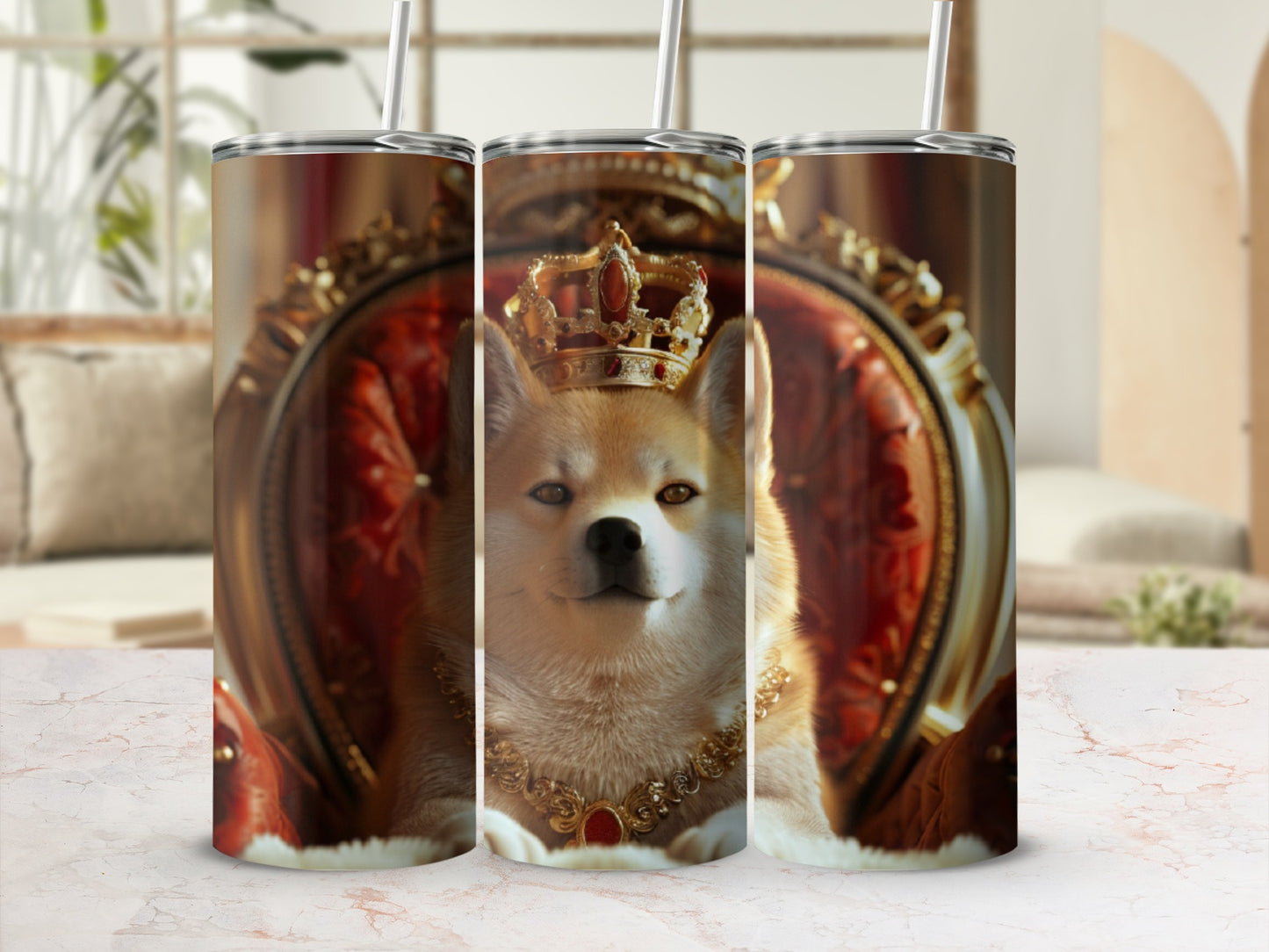 Akita dog wearing a crown and gold necklace on a throne.