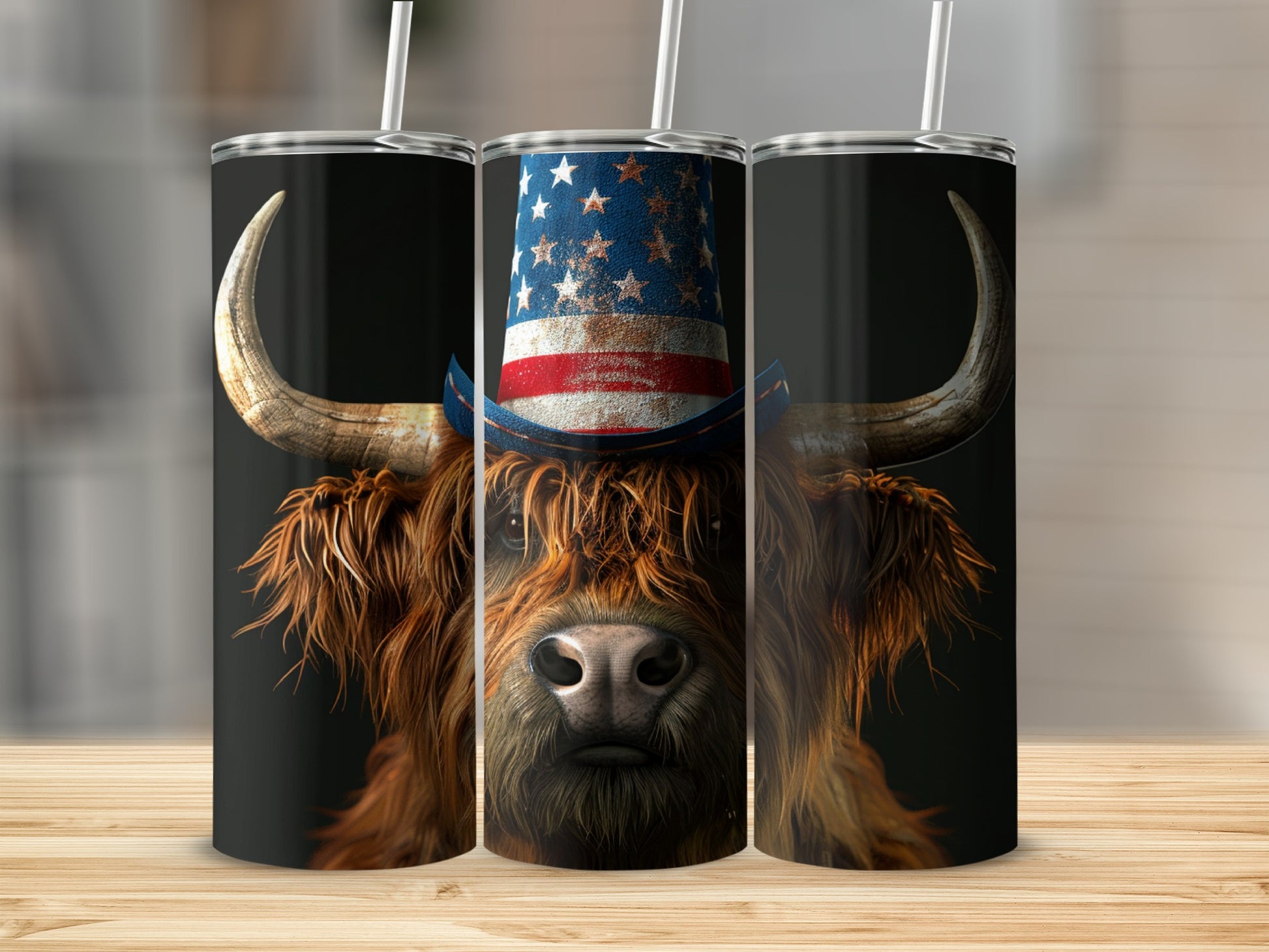 Highland cow wearing an American flag cowboy hat.