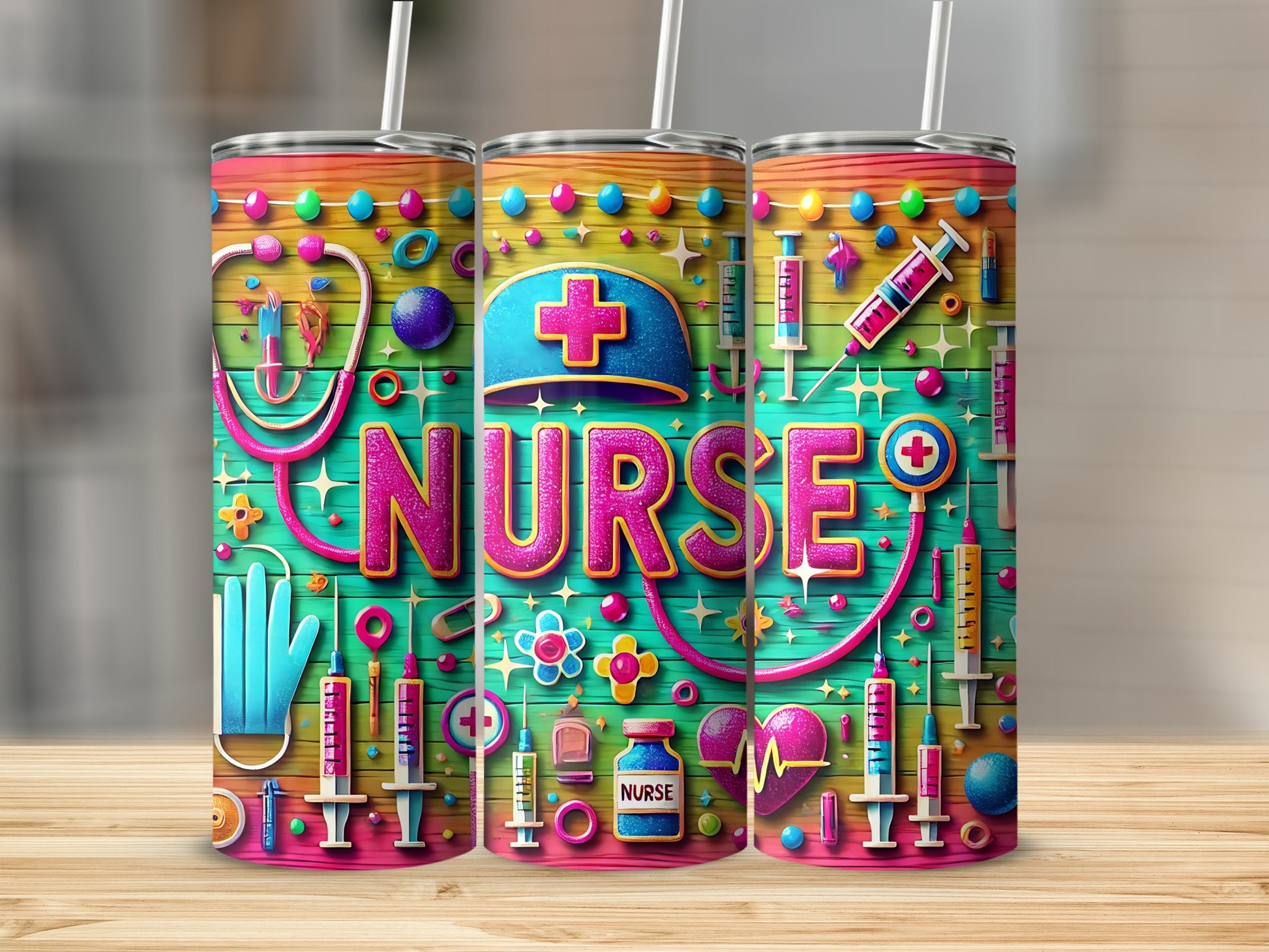 Tumbler with medical icons and the word NURSE in pink glitter.