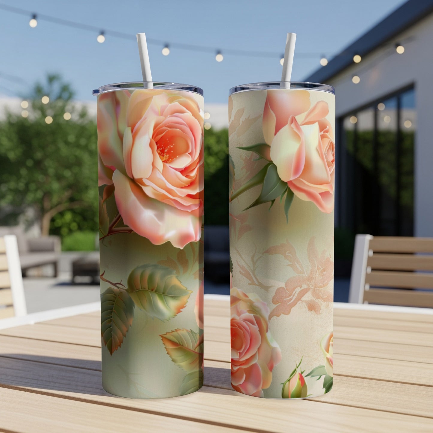 Two pink roses on a textured background, on a white tumbler.