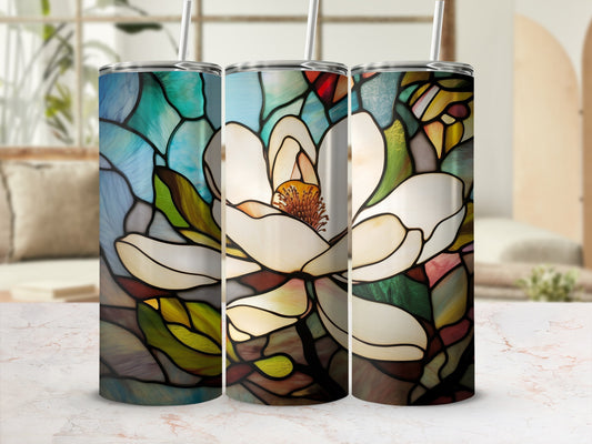 Three tumblers with stained glass magnolia floral pattern.