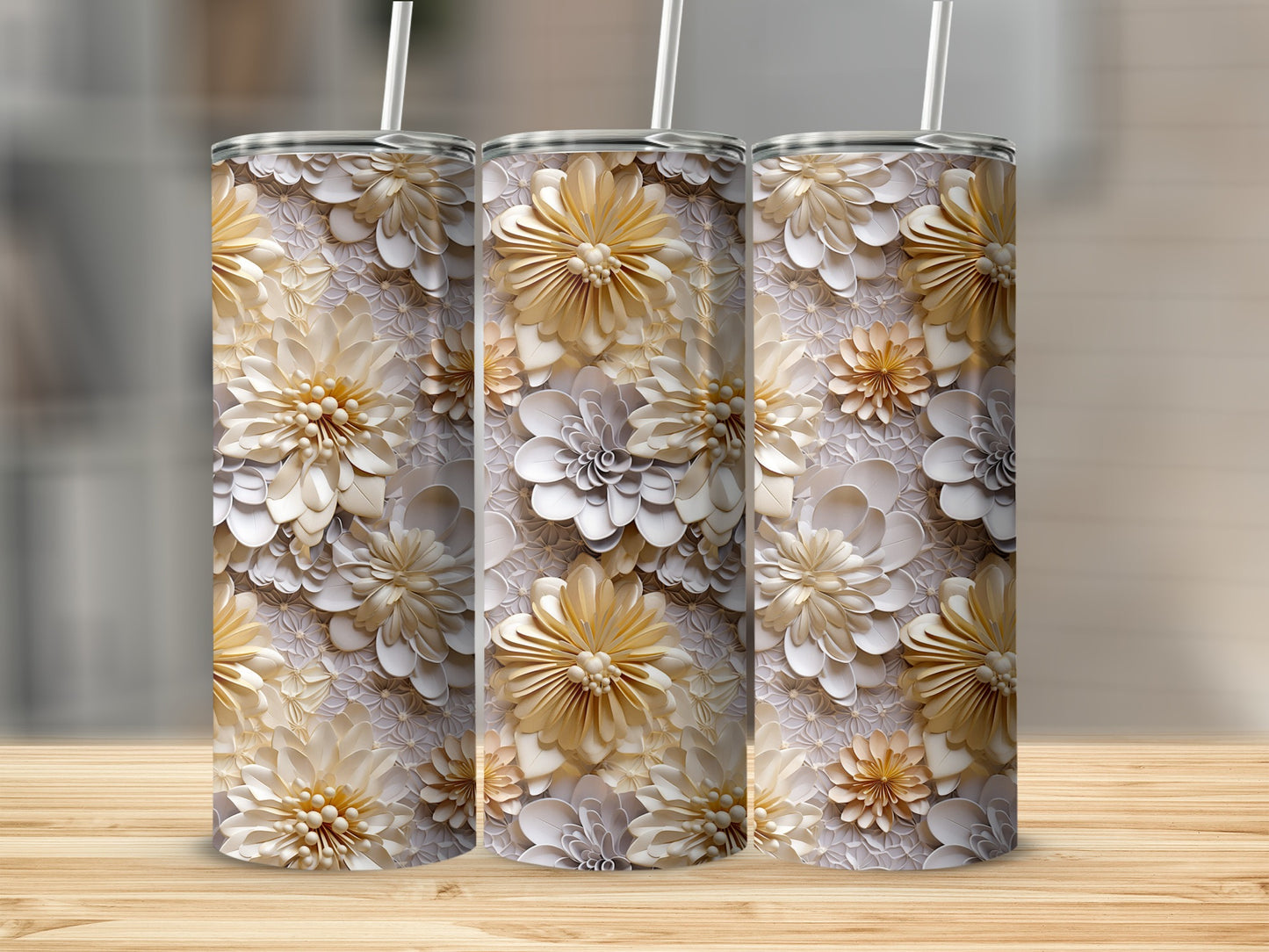 Elegant 3D Floral Design Tumbler with Straw Set