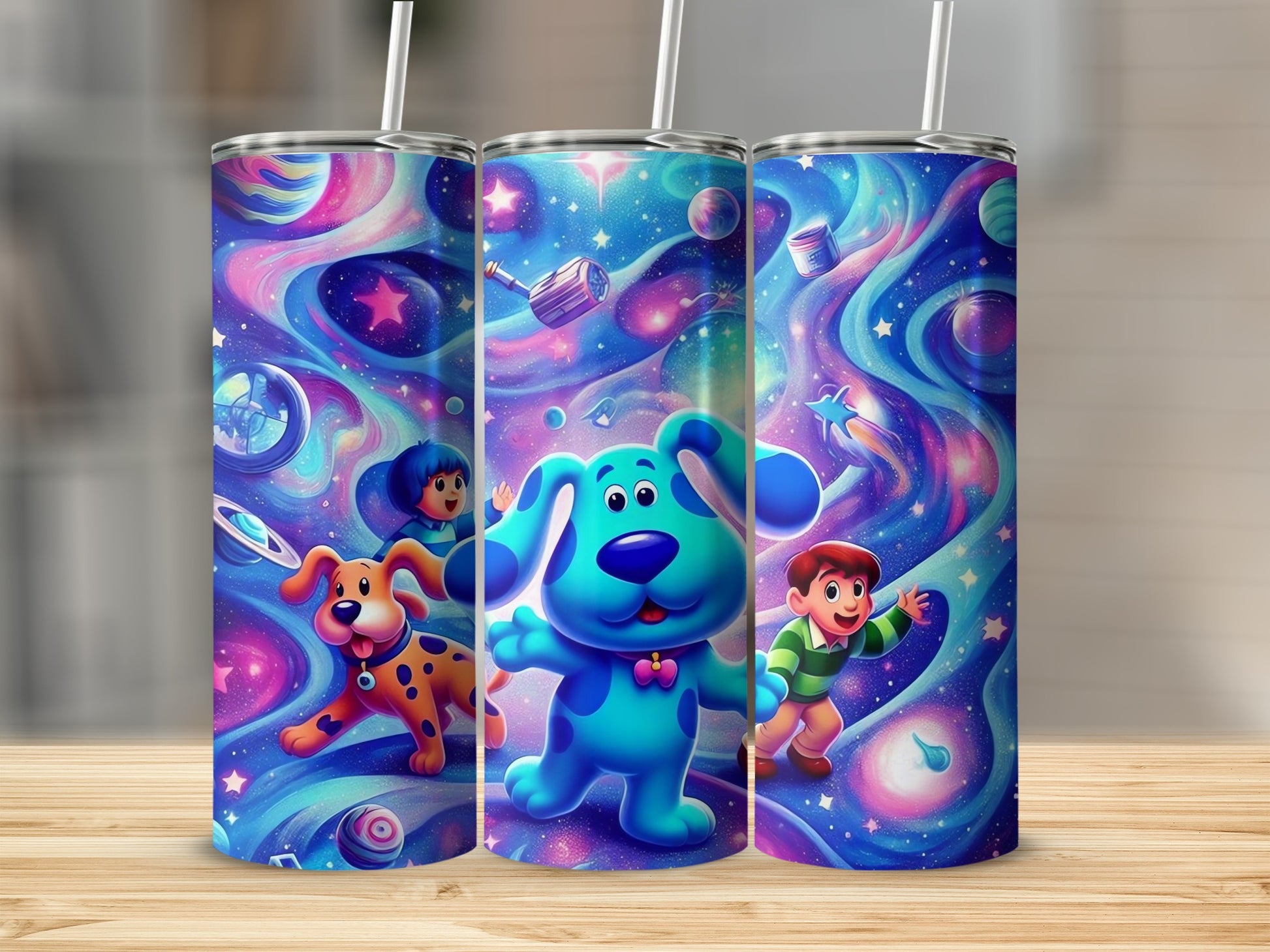 Space-Themed Blue Dog and Characters Tumbler Cup