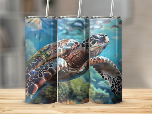 Sea turtle swimming underwater surrounded by coral and fish.