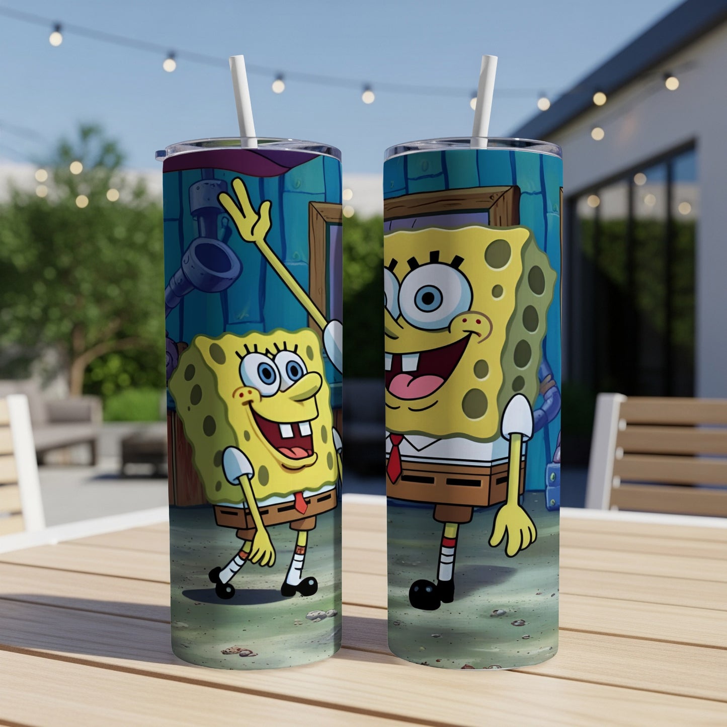 Two Spongebob Squarepants tumblers with animated designs of Spongebob.