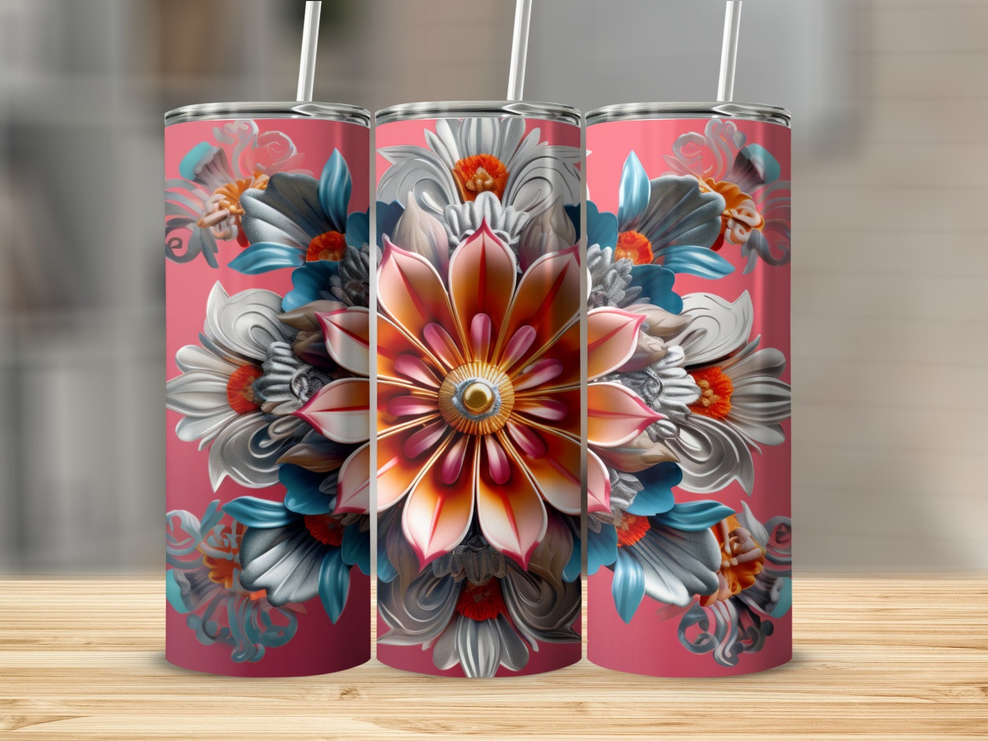 Vibrant Floral Mandala Design Tumbler Cup 20oz