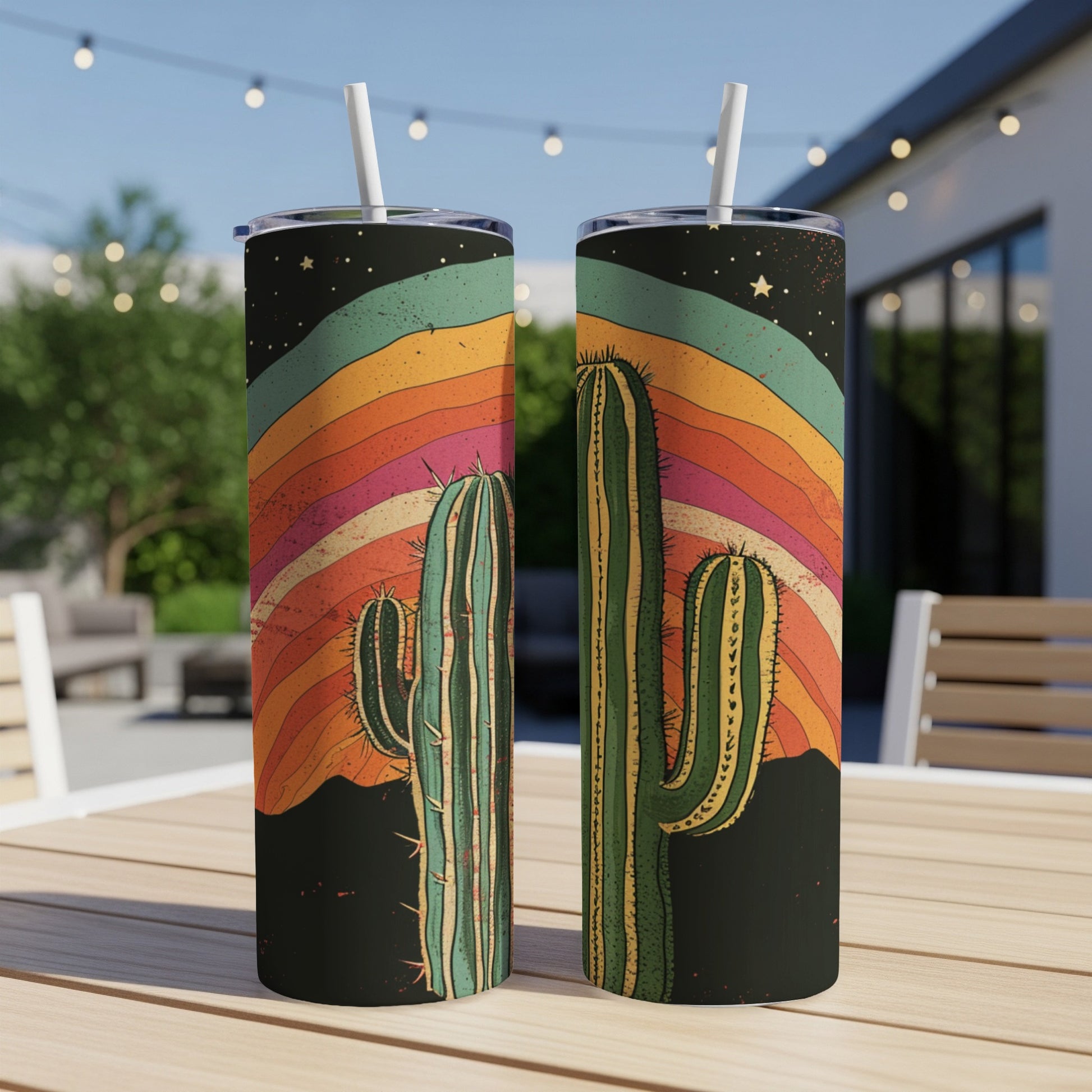 Two tumblers with retro desert cactus and rainbow sunset design.
