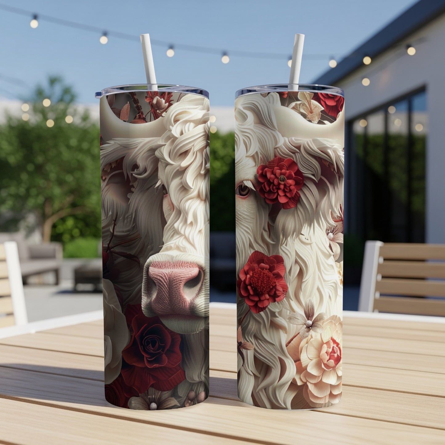 White cow with red and cream flowers on a tumbler.