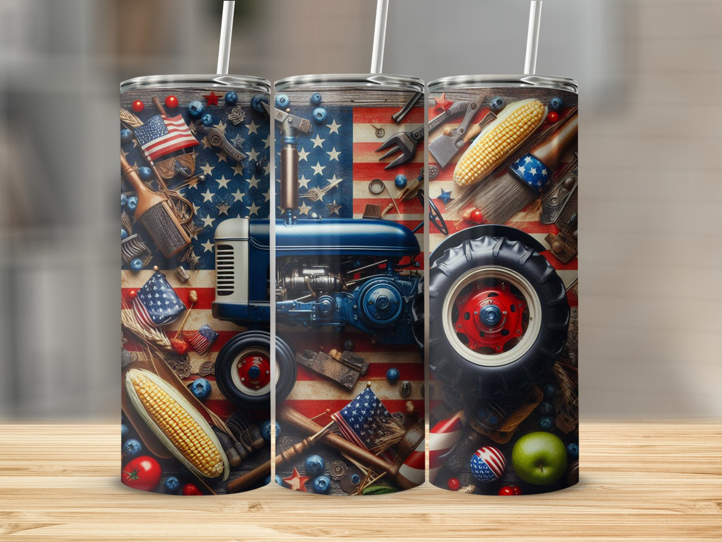 Tractor with American flag, corn, and tools on a patriotic tumbler.