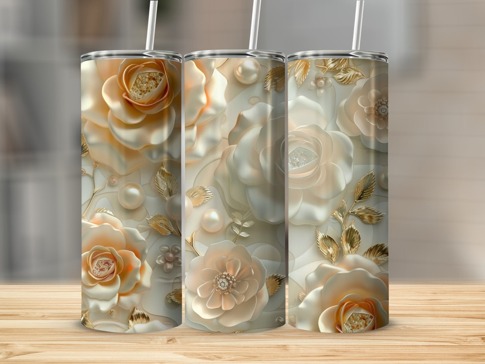 Triptych of tumblers featuring embossed cream roses and gold accents.