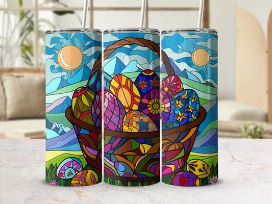 Easter basket filled with colorful, patterned eggs against a stained-glass landscape.