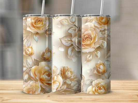 Three tumblers with cream roses and gold leaves design.
