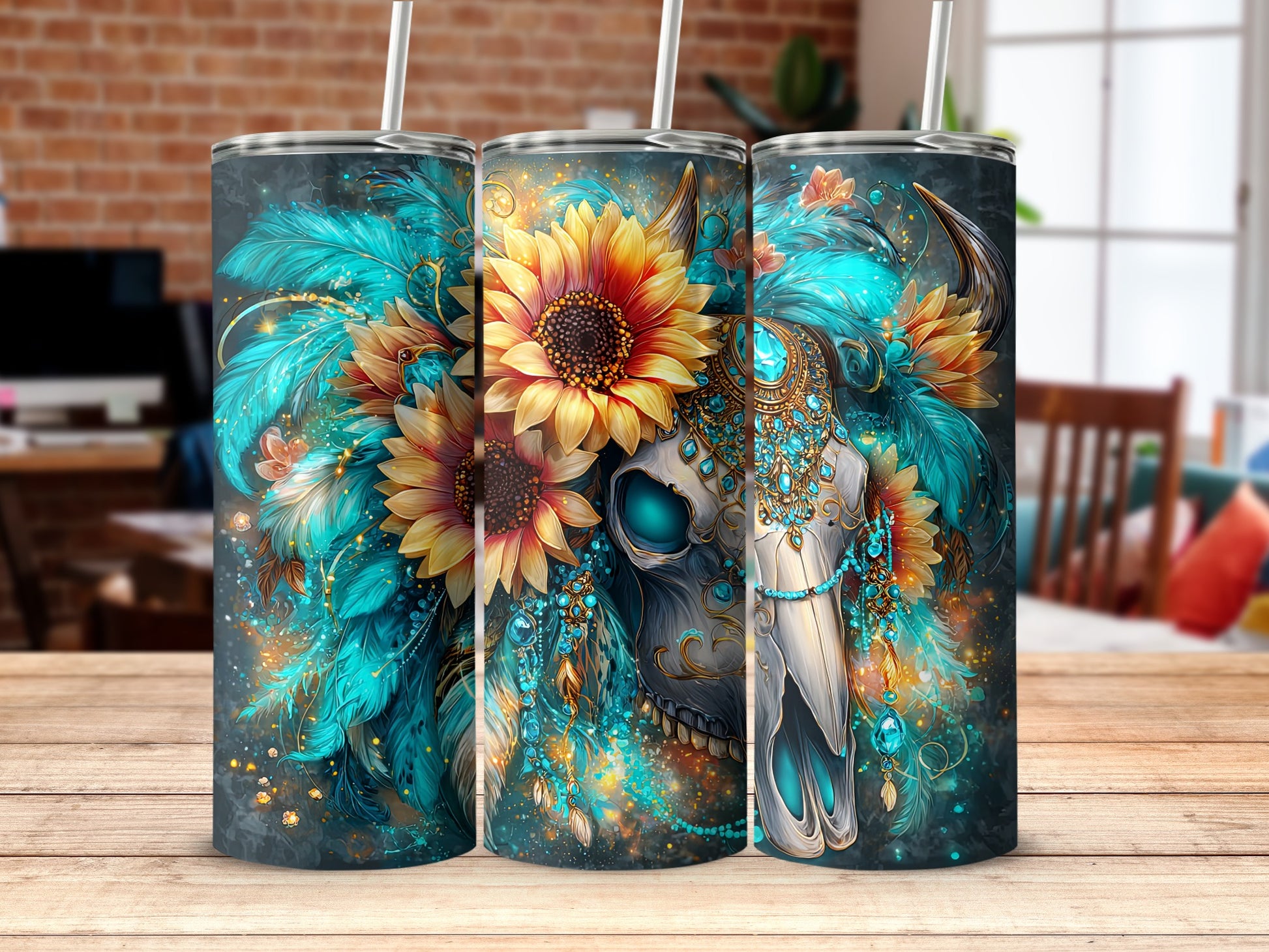 Sunflowers and Skull Tumbler with Feathers Design
