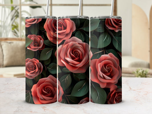 Three tumblers with a realistic dark red rose floral pattern.
