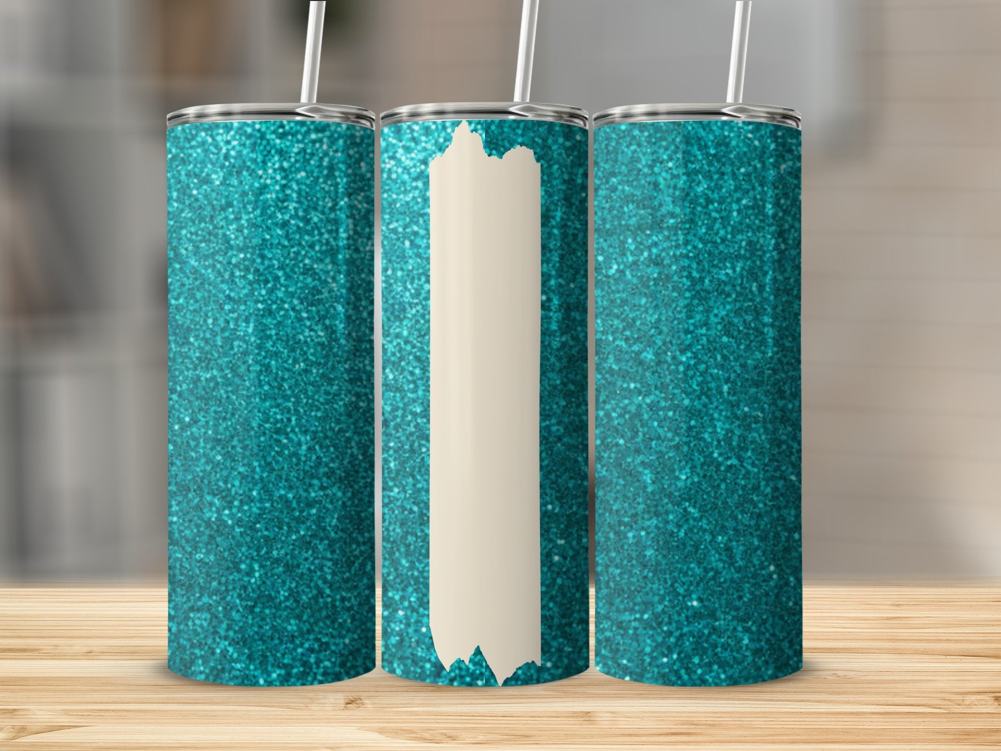 Three teal glitter tumblers with a blank vertical rectangle on the middle tumbler.
