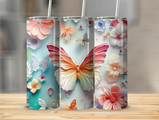 Three tumblers with floral and butterfly designs.