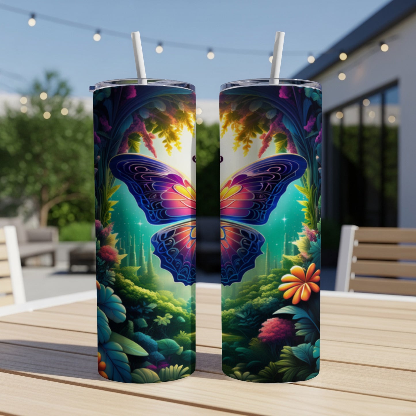 Two tumblers with a large butterfly design in a colorful jungle setting.