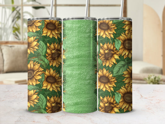 Three tumblers with sunflower pattern and green textured middle section.