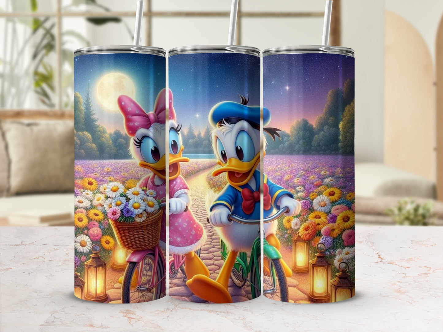 Cute Cartoon Ducks on Bicycles Floral Art Tumbler