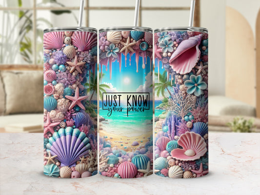 Three tumblers decorated with seashells, starfish, and beach scene, one with text.