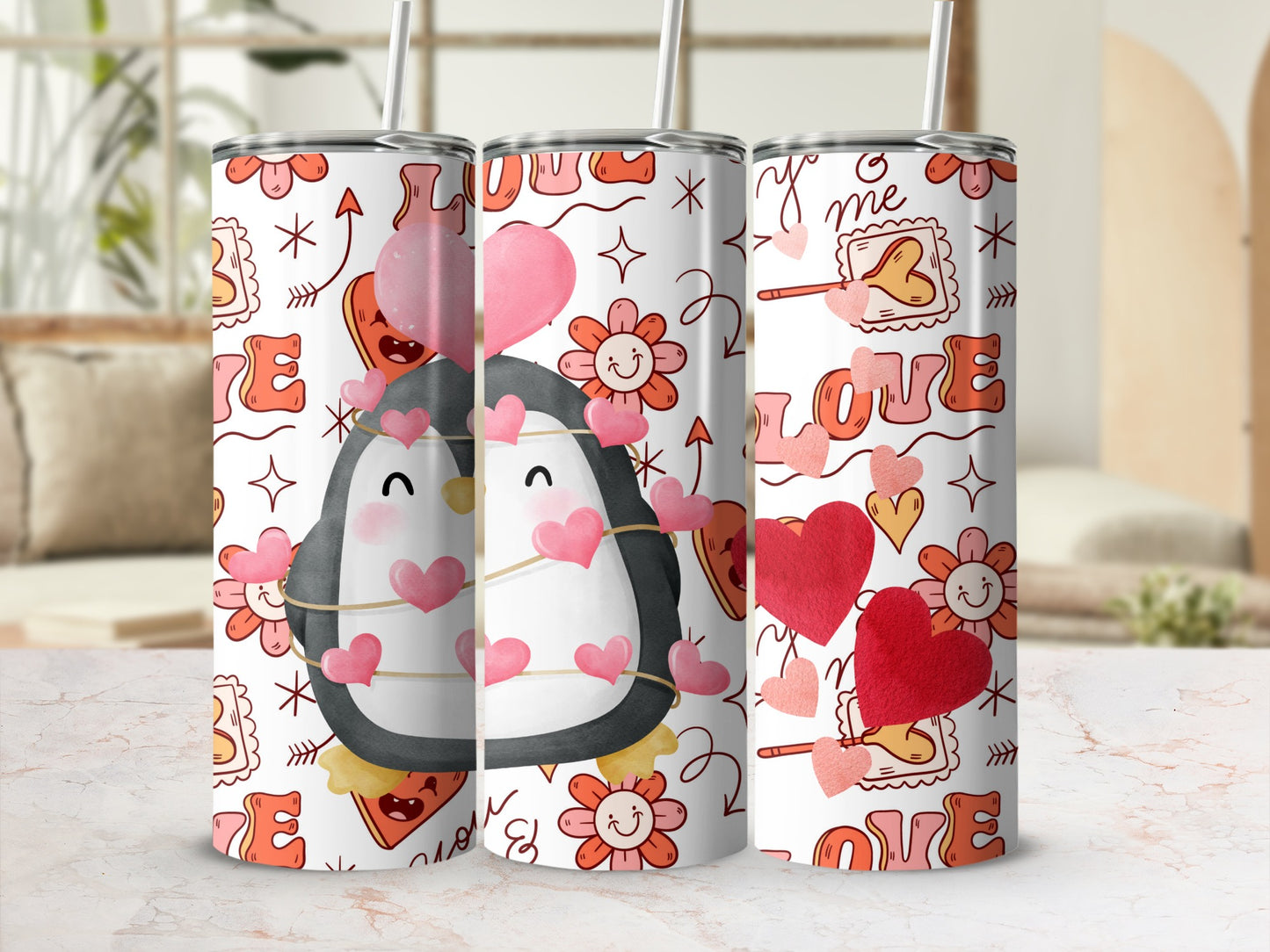 Cute Valentines Penguin and Hearts Tumbler