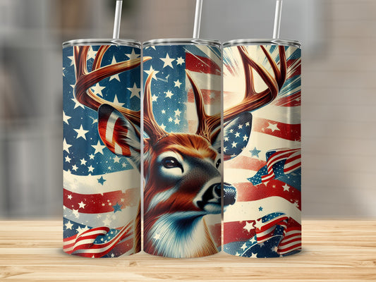 Deer with American flag pattern on a patriotic tumbler.